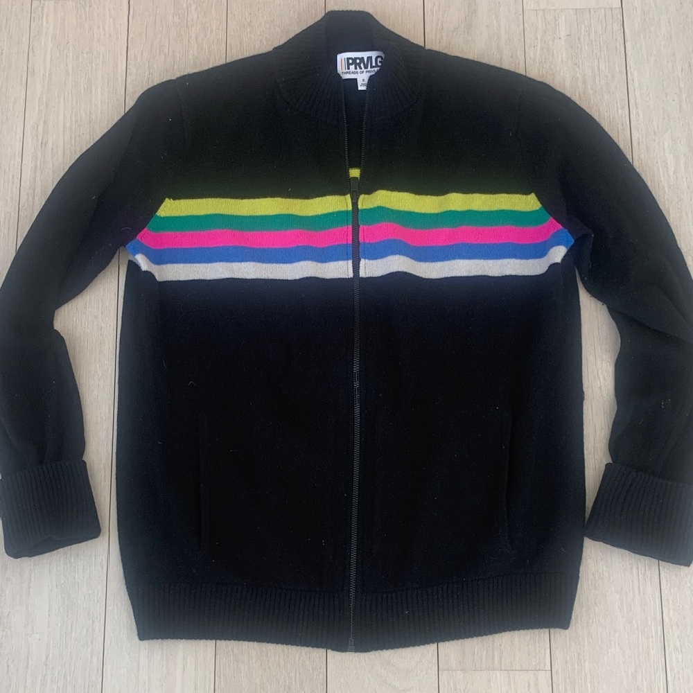 PRVLG women’s Cashmere  Black Zip-Up Sweater with Colorful Stripes